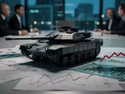 Ein futuristisches Panzermodell, umgeben von Bauplänen und Finanzdiagrammen, mit einem subtilen roten Abwärtstrend. - Foto: über boerse-global.de