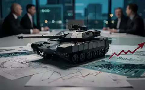 Ein futuristisches Panzermodell, umgeben von Bauplänen und Finanzdiagrammen, mit einem subtilen roten Abwärtstrend. - Foto: über boerse-global.de