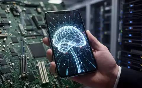 Ein Smartphone zeigt eine leuchtende, abstrakte KI-Benutzeroberfläche. Im Hintergrund sind unscharfe Serverracks und Leiterplatten zu sehen. - Foto: über boerse-global.de