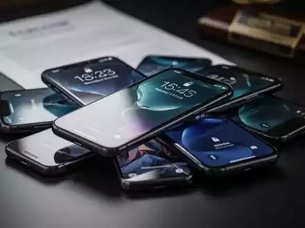Nahaufnahme mehrerer moderner Smartphones auf einer dunklen Oberfläche, im Hintergrund verschwommen ein Gerichtssaal. - Foto: über boerse-global.de