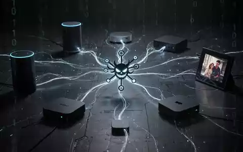 Smart devices connected by glowing lines, converging on a network icon, symbolizing cyberattacks and compromised consumer electronics. - Foto: über boerse-global.de