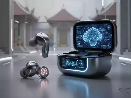 A futuristic true wireless earbud next to a smart charging case with a glowing screen, set in a high-tech environment. - Foto: über boerse-global.de