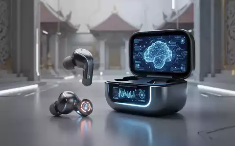 A futuristic true wireless earbud next to a smart charging case with a glowing screen, set in a high-tech environment. - Foto: über boerse-global.de