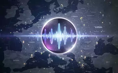 A glowing, ethereal digital representation of Siri's waveform icon, surrounded by an abstract map of Austria and the EU, highlighting digital barriers. - Foto: über boerse-global.de