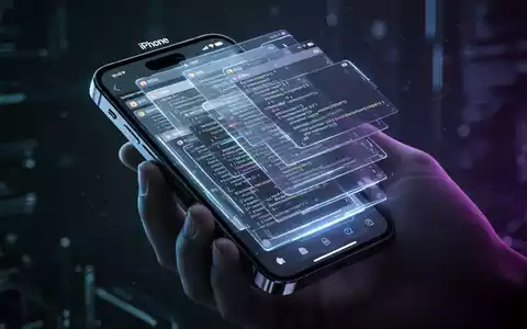 A close-up of a modern iPhone with glowing, overlapping digital screens representing different iOS versions, held in a hand. - Foto: über boerse-global.de