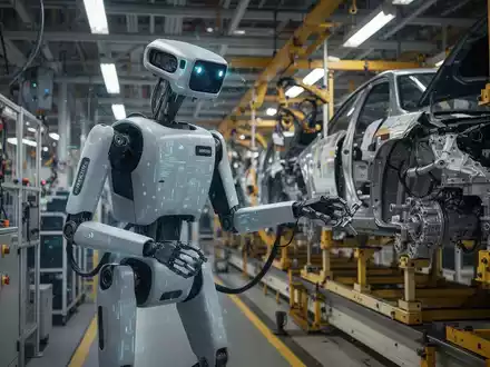 Boston Dynamics Atlas humanoid robot on an automotive assembly line, sorting roof racks in a factory setting. - Foto: über boerse-global.de