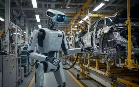 Boston Dynamics Atlas humanoid robot on an automotive assembly line, sorting roof racks in a factory setting. - Foto: über boerse-global.de