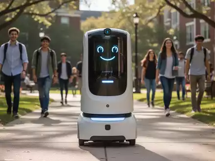 An autonomous robot on a university campus path, designed for tours and directional assistance, with students in the background. - Foto: über boerse-global.de