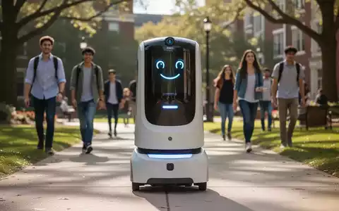 An autonomous robot on a university campus path, designed for tours and directional assistance, with students in the background. - Foto: über boerse-global.de