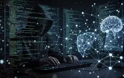 Ein dunkler Raum mit einem stilisierten Netzwerk aus leuchtenden Linien und Knoten, die digitale Kriminalität und KI-gestützte Bedrohungen darstellen. - Foto: über boerse-global.de