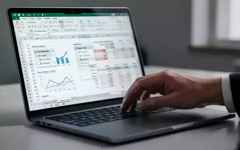 Hand using a laptop with a professional Excel spreadsheet open, showing data and drop-down menus. - Foto: über boerse-global.de