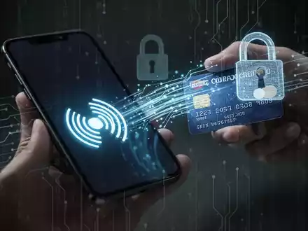 Ein Smartphone mit leuchtendem NFC-Symbol, das sich einer Kreditkarte nähert, umgeben von abstrakten Datensymbolen, die Cyber-Diebstahl darstellen. - Foto: über boerse-global.de