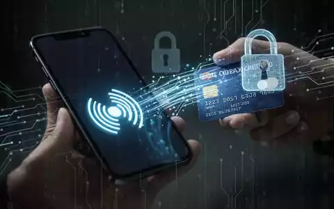 Ein Smartphone mit leuchtendem NFC-Symbol, das sich einer Kreditkarte nähert, umgeben von abstrakten Datensymbolen, die Cyber-Diebstahl darstellen. - Foto: über boerse-global.de