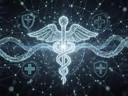 A glowing digital network with medical symbols, representing secure data flow and identity management in healthcare. - Foto: über boerse-global.de