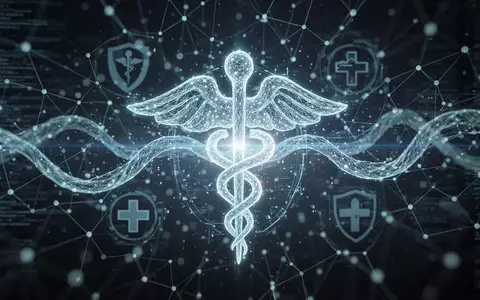 A glowing digital network with medical symbols, representing secure data flow and identity management in healthcare. - Foto: über boerse-global.de