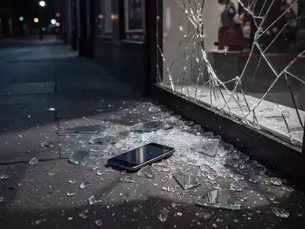 Eine dunkle, leere Straße bei Nacht mit einem eingeschlagenen Schaufenster, Glassplittern und einem einzelnen Smartphone auf dem Boden. - Foto: über boerse-global.de