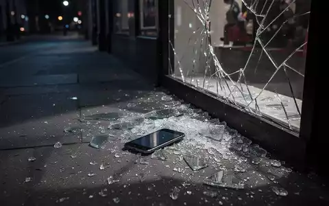 Eine dunkle, leere Straße bei Nacht mit einem eingeschlagenen Schaufenster, Glassplittern und einem einzelnen Smartphone auf dem Boden. - Foto: über boerse-global.de