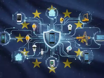 An abstract visualization of digital connections and data flow, with glowing lines linking icons representing various IoT devices under a subtle EU flag motif. - Foto: über boerse-global.de