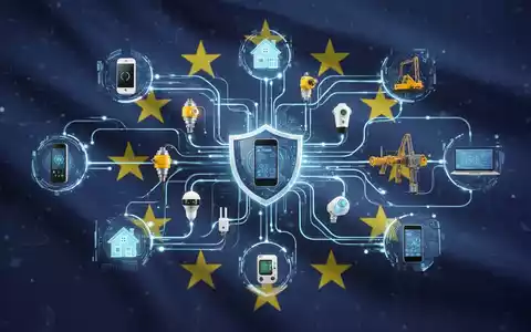 An abstract visualization of digital connections and data flow, with glowing lines linking icons representing various IoT devices under a subtle EU flag motif. - Foto: über boerse-global.de