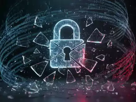 Ein zerbrochenes, leuchtendes digitales Schloss, umgeben von Code und Binärdaten, auf dunklem Hintergrund mit blauen und roten Lichtern. - Foto: über boerse-global.de