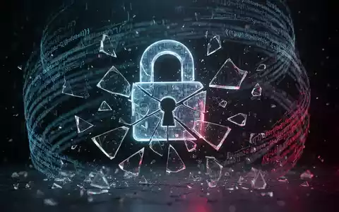 Ein zerbrochenes, leuchtendes digitales Schloss, umgeben von Code und Binärdaten, auf dunklem Hintergrund mit blauen und roten Lichtern. - Foto: über boerse-global.de