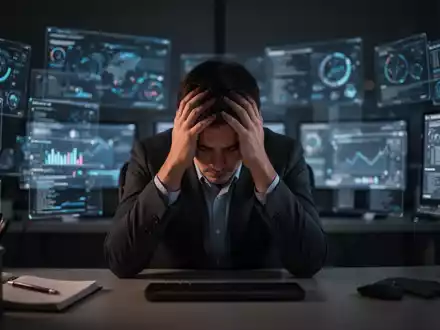 Eine Person sitzt an einem Schreibtisch, den Kopf in den Händen, umgeben von verschwommenen digitalen Bildschirmen, was Stress symbolisiert. - Foto: über boerse-global.de