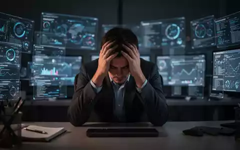 Eine Person sitzt an einem Schreibtisch, den Kopf in den Händen, umgeben von verschwommenen digitalen Bildschirmen, was Stress symbolisiert. - Foto: über boerse-global.de
