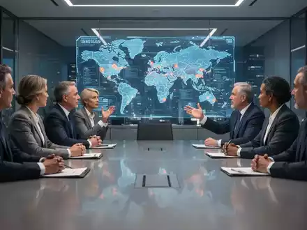 CEOs in einem modernen Konferenzraum diskutieren politische Themen vor einer holographischen Weltkarte. - Foto: über boerse-global.de