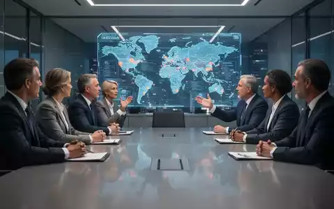 CEOs in einem modernen Konferenzraum diskutieren politische Themen vor einer holographischen Weltkarte. - Foto: über boerse-global.de