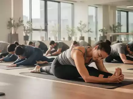 Eine Gruppe von Menschen praktiziert sanftes Yoga in einem hellen Studio, mit Fokus auf Entspannung und Dehnung zur Linderung von Rückenschmerzen. - Foto: über boerse-global.de
