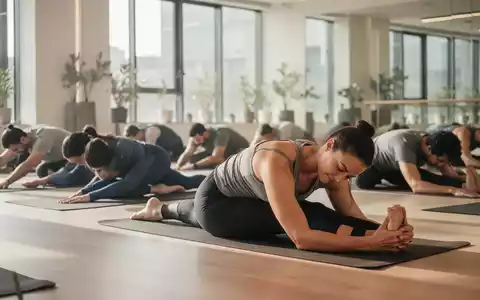 Eine Gruppe von Menschen praktiziert sanftes Yoga in einem hellen Studio, mit Fokus auf Entspannung und Dehnung zur Linderung von Rückenschmerzen. - Foto: über boerse-global.de