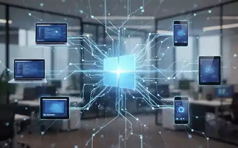 A glowing blue digital network originating from a Microsoft logo, connecting abstract representations of a laptop, tablet, and smartphone. - Foto: über boerse-global.de