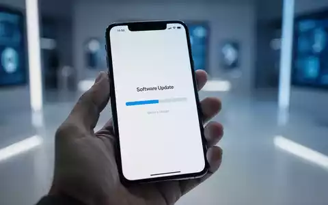 A close-up of a hand holding a smartphone displaying a software update screen with a progress bar and abstract digital elements. - Foto: über boerse-global.de