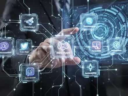A glowing network of digital modules and lines, symbolizing interconnected mini-apps, with a hand interacting with a holographic interface. - Foto: über boerse-global.de