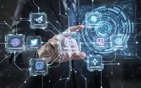 A glowing network of digital modules and lines, symbolizing interconnected mini-apps, with a hand interacting with a holographic interface. - Foto: über boerse-global.de