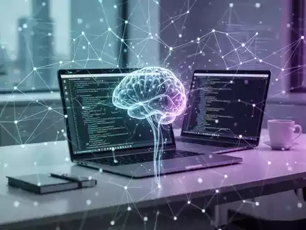 Eine futuristische, leuchtende neuronale Netzwerkschnittstelle über einem minimalistischen Büroschreibtisch mit Laptop, der Code anzeigt. - Foto: über boerse-global.de