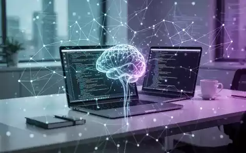 Eine futuristische, leuchtende neuronale Netzwerkschnittstelle über einem minimalistischen Büroschreibtisch mit Laptop, der Code anzeigt. - Foto: über boerse-global.de