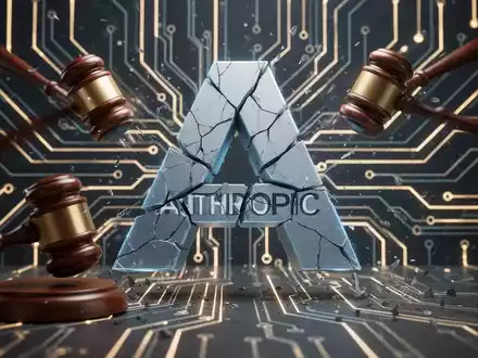 A stylized 'A' representing Anthropic, appears cracked and fragmented, with legal gavels striking around it, symbolizing a lawsuit. - Foto: über boerse-global.de