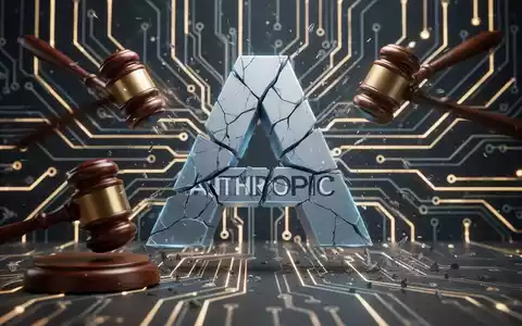 A stylized 'A' representing Anthropic, appears cracked and fragmented, with legal gavels striking around it, symbolizing a lawsuit. - Foto: über boerse-global.de