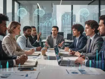 Eine Gruppe von Geschäftsleuten nimmt an einem Resilienz-Training in einem modernen Büro teil, mit digitalen Elementen im Hintergrund. - Foto: über boerse-global.de