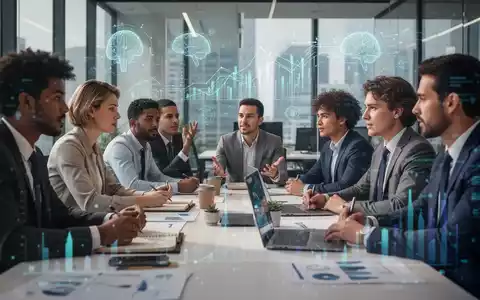 Eine Gruppe von Geschäftsleuten nimmt an einem Resilienz-Training in einem modernen Büro teil, mit digitalen Elementen im Hintergrund. - Foto: über boerse-global.de