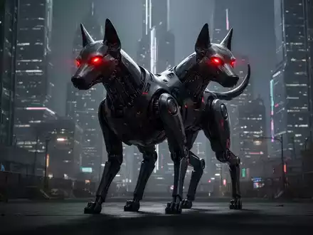 A menacing robot dog with glowing red eyes stands in a dark urban environment, silhouetted against a futuristic city. - Foto: über boerse-global.de