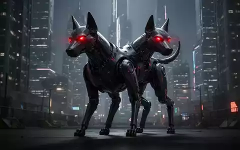 A menacing robot dog with glowing red eyes stands in a dark urban environment, silhouetted against a futuristic city. - Foto: über boerse-global.de
