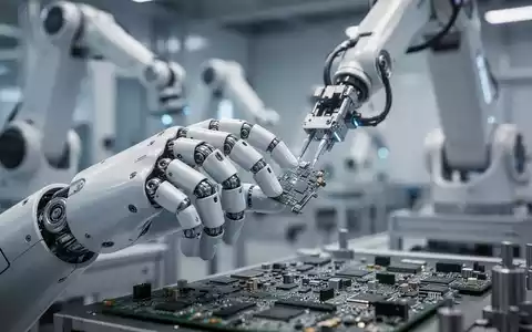 Close-up of a sophisticated humanoid robot hand, similar to Tesla Optimus Gen 2, meticulously handling small electronic parts in a factory. - Foto: über boerse-global.de
