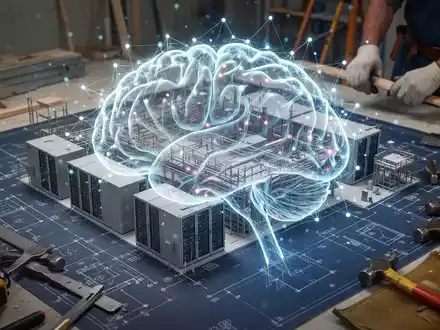 A glowing neural network overlayed on a blueprint of a data center, symbolizing AI, technology, and skilled trades. - Foto: über boerse-global.de