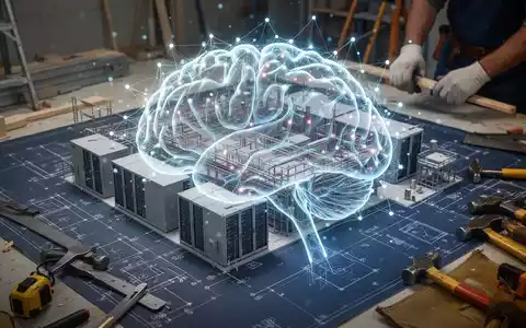 A glowing neural network overlayed on a blueprint of a data center, symbolizing AI, technology, and skilled trades. - Foto: über boerse-global.de