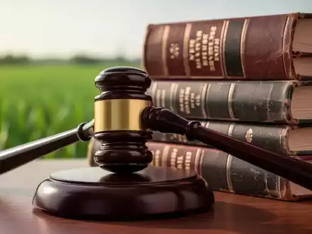 Ein Nahaufnahme eines Holzhammers auf einem Stapel von Gesetzbüchern, mit angedeuteten landwirtschaftlichen Elementen im Hintergrund. - Foto: über boerse-global.de
