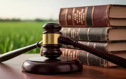 Ein Nahaufnahme eines Holzhammers auf einem Stapel von Gesetzbüchern, mit angedeuteten landwirtschaftlichen Elementen im Hintergrund. - Foto: über boerse-global.de