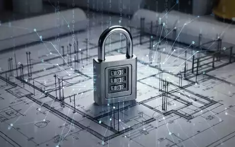 A digital padlock overlapping a construction blueprint, symbolizing cybersecurity threats in the industry. - Foto: über boerse-global.de