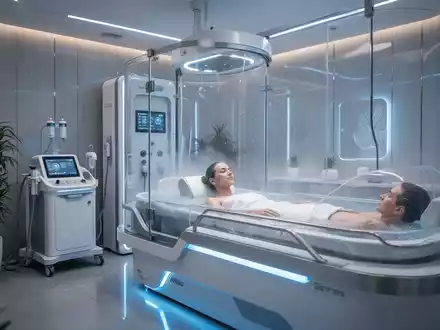 Innenansicht eines modernen Wellness-Spas mit fortschrittlicher medizinischer Ausrüstung und einer Person, die eine Longevity-Behandlung erhält. - Foto: über boerse-global.de